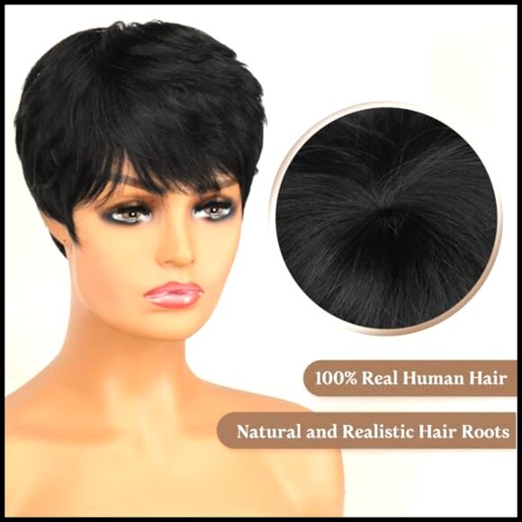 Short Pixie Cut Human Hair Wig Layered Wavy Style Adjustable Cap main image 4